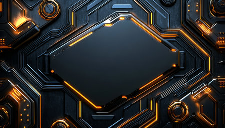A dark metallic panel with orange glowing lines and a blank rectangular area in the center.の素材