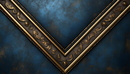 The image features an intricate golden frame with decorative floral motifs set against a textured dark blue background, creating a luxurious and classic aesthetic.の素材