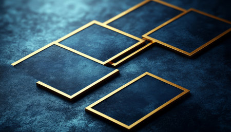 An abstract arrangement of golden-framed squares on a deep blue textured background.の素材