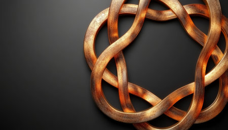 An abstract image of multiple golden bands intertwined to form a circular shape against a dark background.の素材