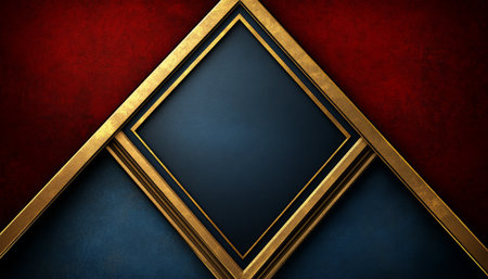 This abstract geometric design features a diamond shape framed in gold set against a background of red and blue.の素材
