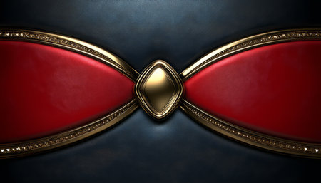 The image showcases a luxurious, red leather texture with a golden border and a single, prominent golden button.の素材