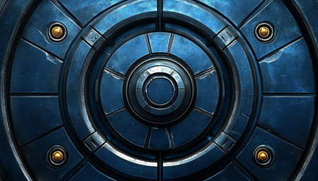 Close-up of a circular metallic object with a repeating geometric pattern, featuring blue and golden accents.の素材