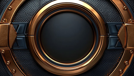 A close-up view of a circular metal frame with gold trim, set against a textured black background.の素材
