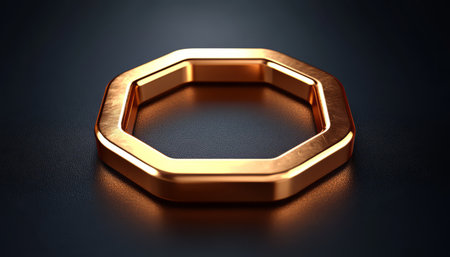 A close-up of a shiny golden octagon shape resting on a dark surface.の素材