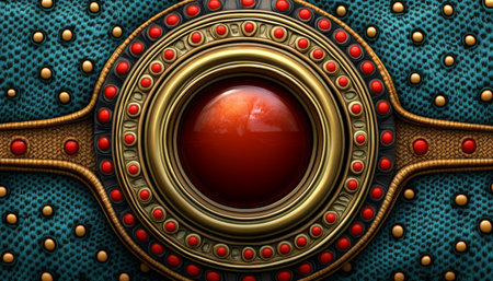A circular design featuring a red gemstone surrounded by gold accents and intricate details.の素材