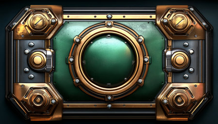 A close-up of a metallic panel with a circular aperture framed in brass and steel.の素材