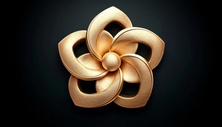 An abstract stylized golden flower with interwoven petals, rendered in 3D, set against a black background.の素材