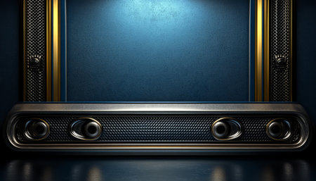 A futuristic metal platform with golden accents sits against a textured blue wall, creating a sleek and modern backdrop.の素材