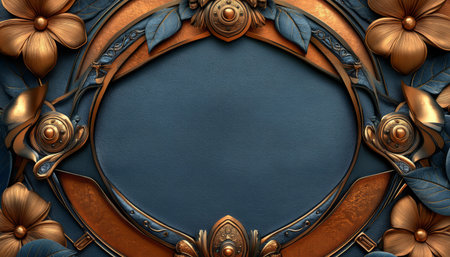A decorative frame made of blue and gold floral elements surrounding a circular center.の素材