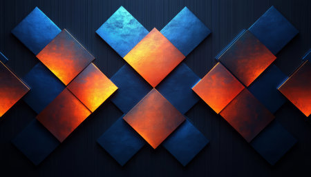A visually appealing abstract image showcasing a geometric arrangement of blue and orange squares on a dark background, creating a sense of depth and dimension.の素材