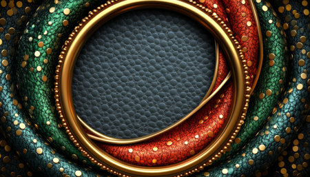 An abstract background featuring a gold frame encircling a dark gray textured surface, surrounded by green and orange dotted textures.の素材