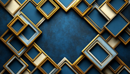A close-up of interlocking gold and silver frames against a textured blue background, creating a geometric and elegant design.の素材