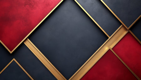 A modern abstract design featuring geometric shapes with red, black, and gold tones.の素材