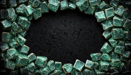 A collection of emerald green gemstones arranged to create a circular frame against a dark background.の素材