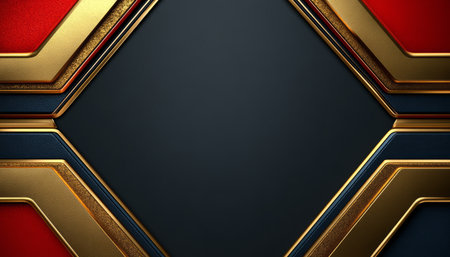 A digital illustration featuring geometric shapes in gold, red, and blue, creating a modern and elegant background.の素材