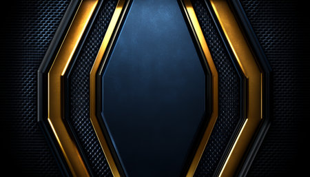 An abstract geometric design with a gold frame on a dark blue background.の素材