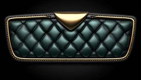 A close-up of a green leather clutch bag with gold trim and a diamond pattern.の素材