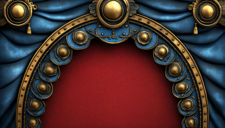 A decorative golden frame with intricate details and blue drapery, set against a red background.の素材