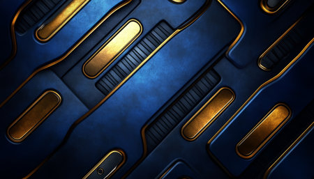 An abstract image featuring geometric shapes with a blue and gold color scheme.の素材