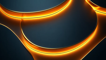 An abstract image of glowing gold lines within curved shapes on a dark blue background.の素材