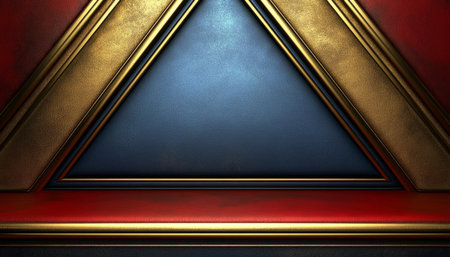 A textured background with a blue triangle framed by red and gold leather panels.の素材