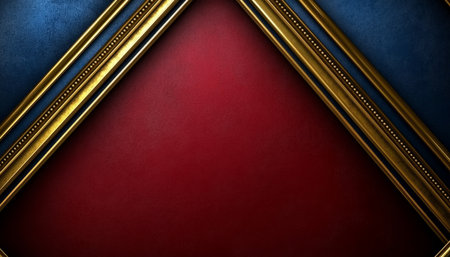 A red and blue background with an ornate gold frame. The frame is textured and decorative, adding a touch of elegance and luxury to the design.の素材