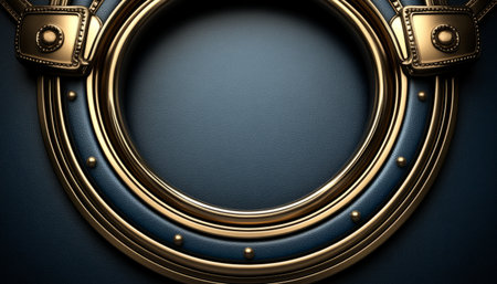 A close-up image of a circular frame with blue leather and gold trim.の素材