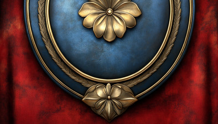 A close-up of a decorative gold floral element on a blue circular surface with a gold border, set against a textured red background.の素材