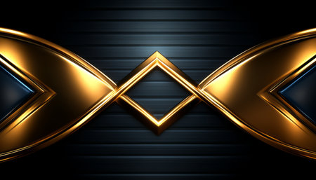 The image depicts a minimalist abstract design with two curved golden shapes intersecting in the center, creating a diamond-like shape against a dark striped background.の素材