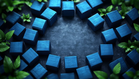 A top view of a circle of blue cubes with green leaves around the perimeter, creating a clean, minimal composition.の素材