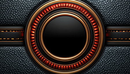 A close-up of a circular frame with red and gold accents on a textured black leather surface.の素材