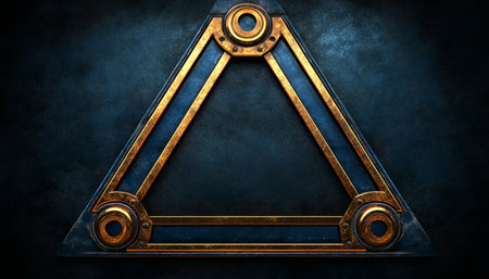 A triangular metal frame with gold accents on a dark blue background, creating a geometric and industrial aesthetic.の素材