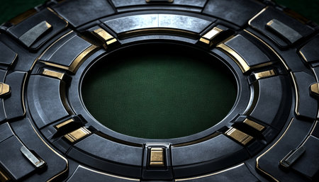 An abstract circular frame with black and gold metallic panels, featuring a textured green background inside the circular opening.の素材