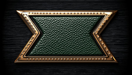 A green leather patch with gold trim and studs is set against a black background.の素材