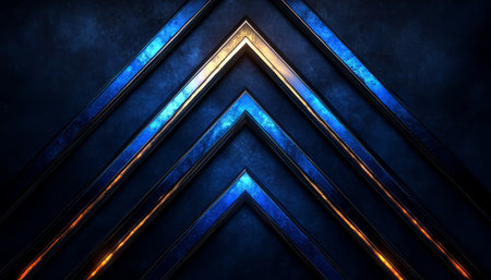 An abstract image featuring intersecting metallic stripes with glowing blue and orange effects on a dark background.の素材