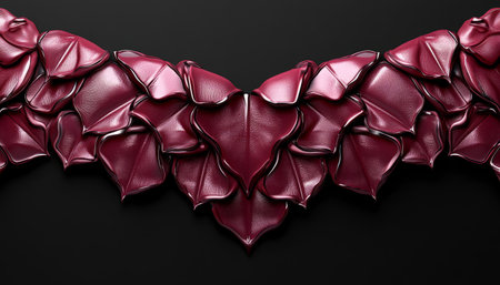 An abstract image of a glossy heart-shaped arrangement of curved shapes in a rich red hue against a dark background.の素材