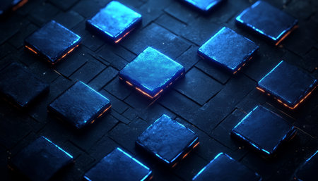 The image depicts a pattern of glowing blue squares set against a dark surface, creating an abstract and futuristic visual.の素材
