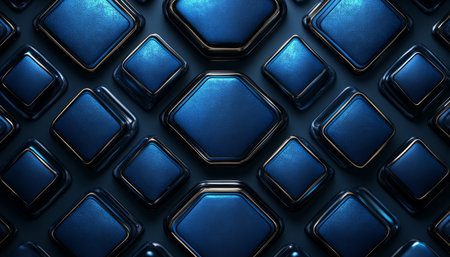 A close-up view of a repeating pattern of square and hexagonal shapes with a glossy, metallic blue finish and a gold border on a dark background.の素材