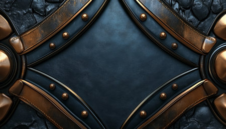 The image showcases a textured blue panel surrounded by a stylized metal and leather frame with circular accents.の素材