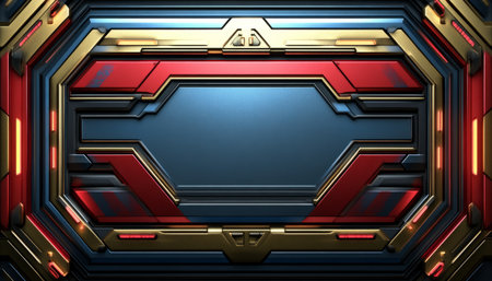 A futuristic abstract geometric panel with red and gold accents, rendered in a 3D style.の素材