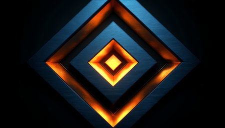 An abstract image of a series of diamond shapes, the inner ones glowing bright orange, against a dark blue textured background.の素材