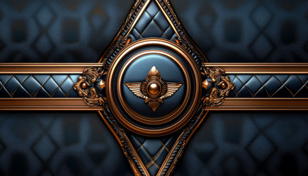A close-up of an intricate golden frame with sculpted wings on a dark blue leather background.の素材