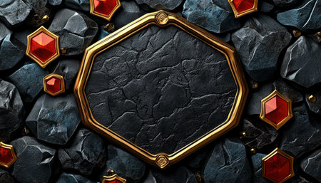 A golden octagonal frame surrounded by black rocks and set with red gemstones.の素材