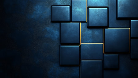 An abstract background features a geometric pattern of blue squares with gold accents on a dark blue textured surface.の素材
