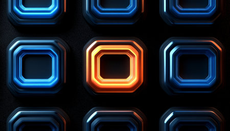 A pattern of octagonal shapes with blue and orange glow, creating a futuristic and modern abstract design.の素材