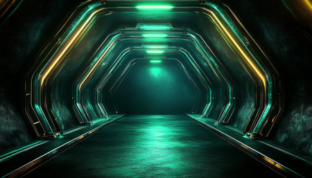 A narrow corridor with glowing green and gold metallic walls, leading towards a bright, hazy light at the end.の素材