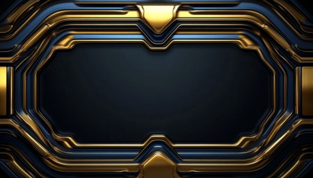 A 3D rendered abstract image depicting a frame composed of shiny gold and blue metallic strips, creating a geometric pattern.の素材