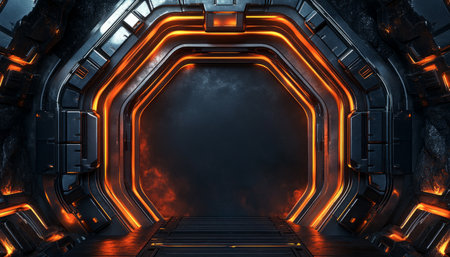 A futuristic doorway with a glowing orange outline, set against a dark metal background.の素材
