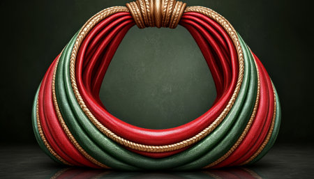 An oval frame formed by intertwined leather shapes in red, green, and gold,  set against a dark green background.の素材